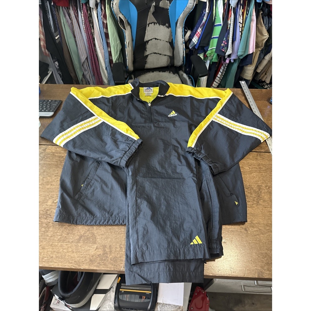 Vintage 90s Men's  Black And Yellow Adidas Windbreaker Track Suit XL Tall